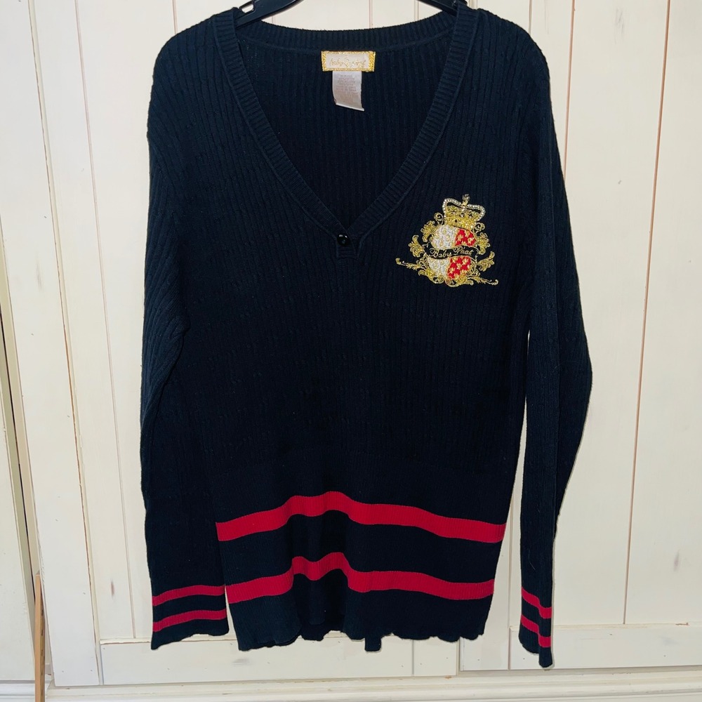 VTG Baby Phat Black Cable Knit V Neck Sweater Womens 1X Gold Rhinestone Crest⁠